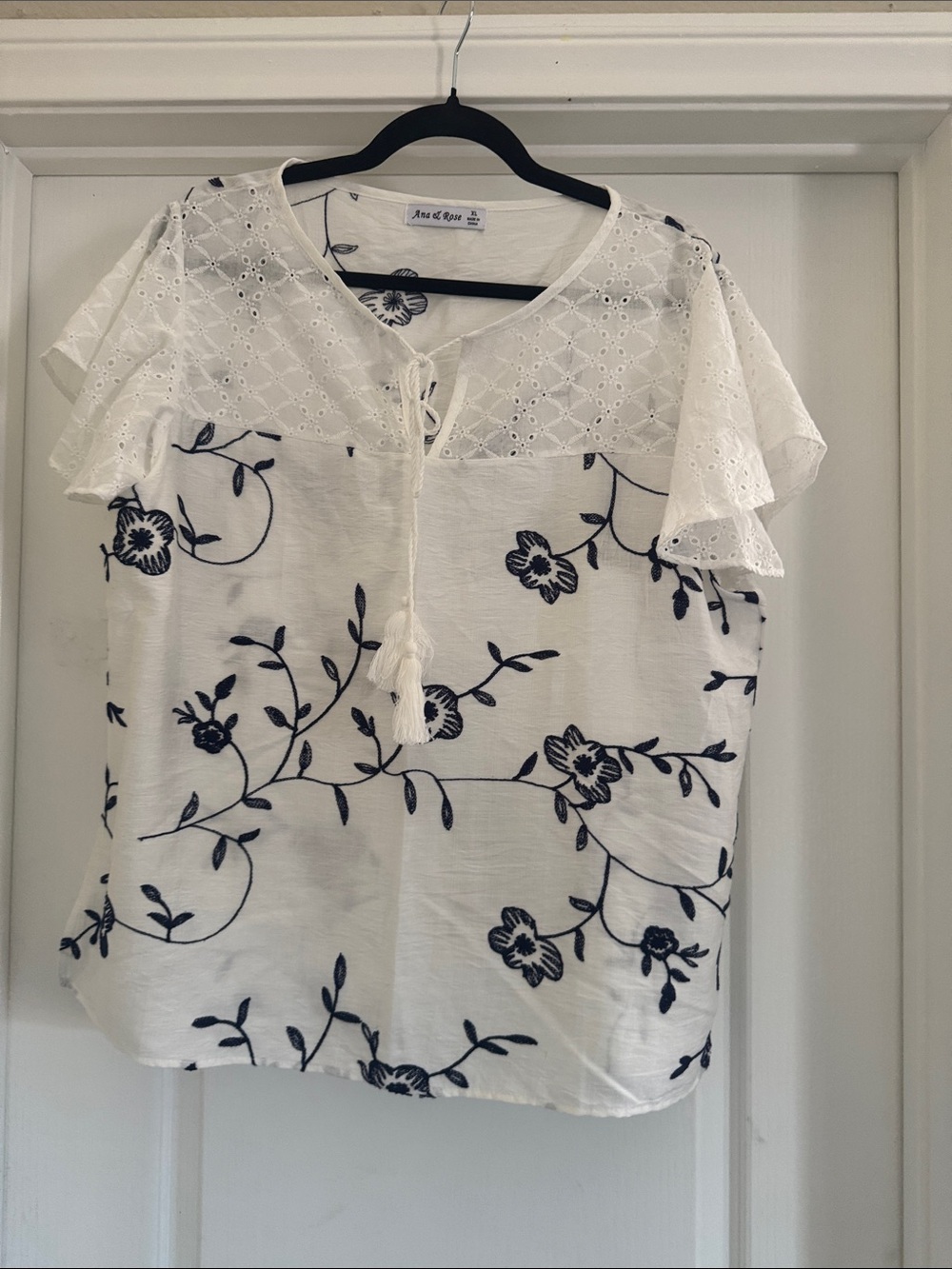 Eyelet Yoke White Blouse with Navy Floral Embroidery
